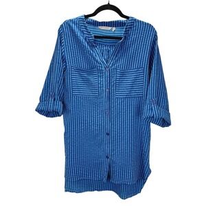 Soft Surroundings Blue Stripe‎ Roll Tab Sleeve Button Front Tunic Shirt M Casual